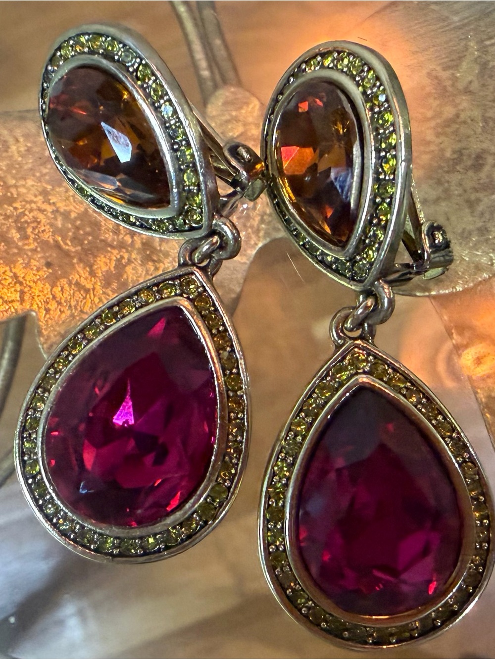 Heidi Daus Absolutely Stunningl Pink and Amber Teardrop Dangle Earrings